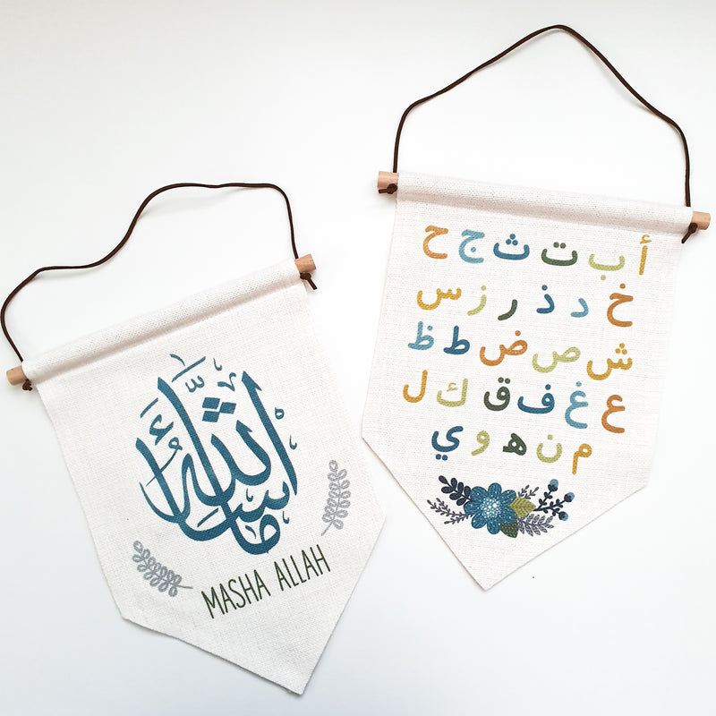 Set Leinen Flaggen - Arabisches Alphabet und Masha Allah