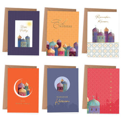 6 Ramadan Grußkarten – bunt & goldfoliert